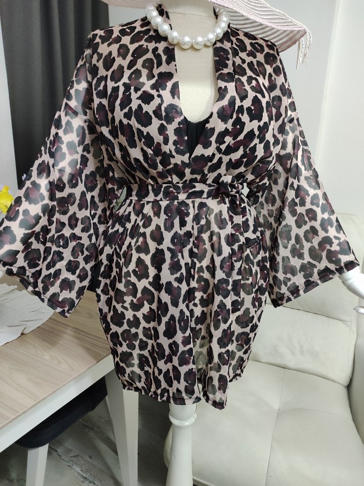 Leopar Desenli Kemerli Kısa Bohem Kimono - Görsel 3