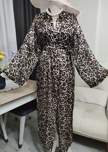 Kahverengi Leopar Desenli Uzun Kadın Kimono - Görsel 5