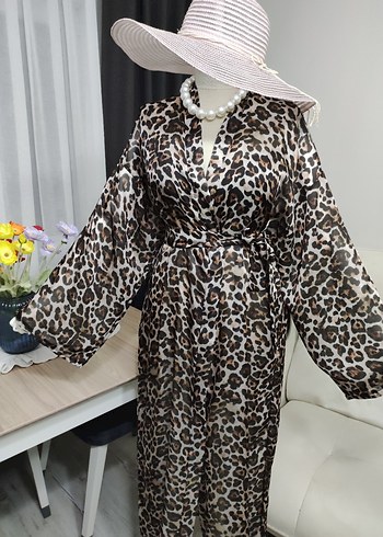 Kahverengi Leopar Desenli Uzun Kadın Kimono - Görsel 7