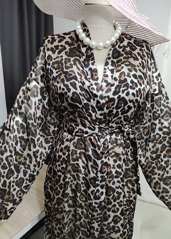 Kahverengi Leopar Desenli Uzun Kadın Kimono - Görsel 10