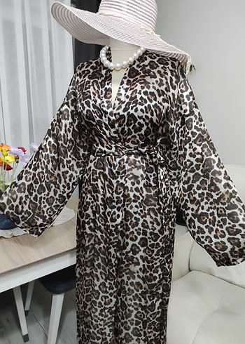 Kahverengi Leopar Desenli Uzun Kadın Kimono - Görsel 8