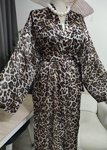 Kahverengi Leopar Desenli Uzun Kadın Kimono - Görsel 2