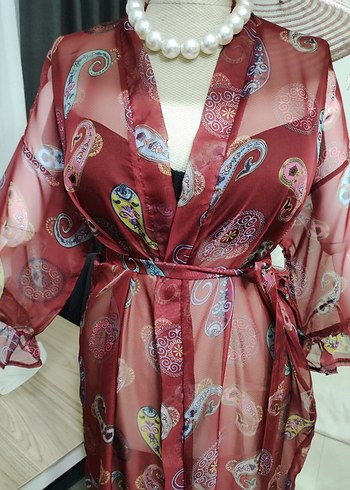 Bordo Bohem Uzun Kimono - Görsel 6
