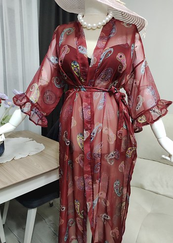 Bordo Bohem Uzun Kimono - Görsel 2