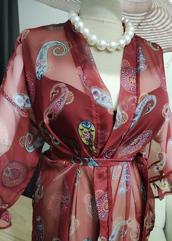 Bordo Bohem Uzun Kimono - Görsel 5