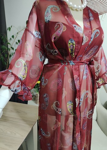 Bordo Bohem Uzun Kimono - Görsel 8