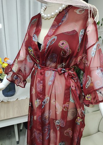 Bordo Bohem Uzun Kimono - Görsel 9