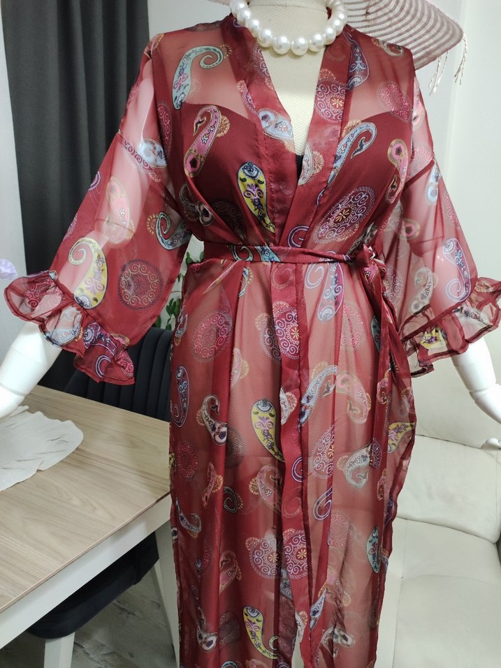 Bordo Bohem Uzun Kimono - Görsel 3