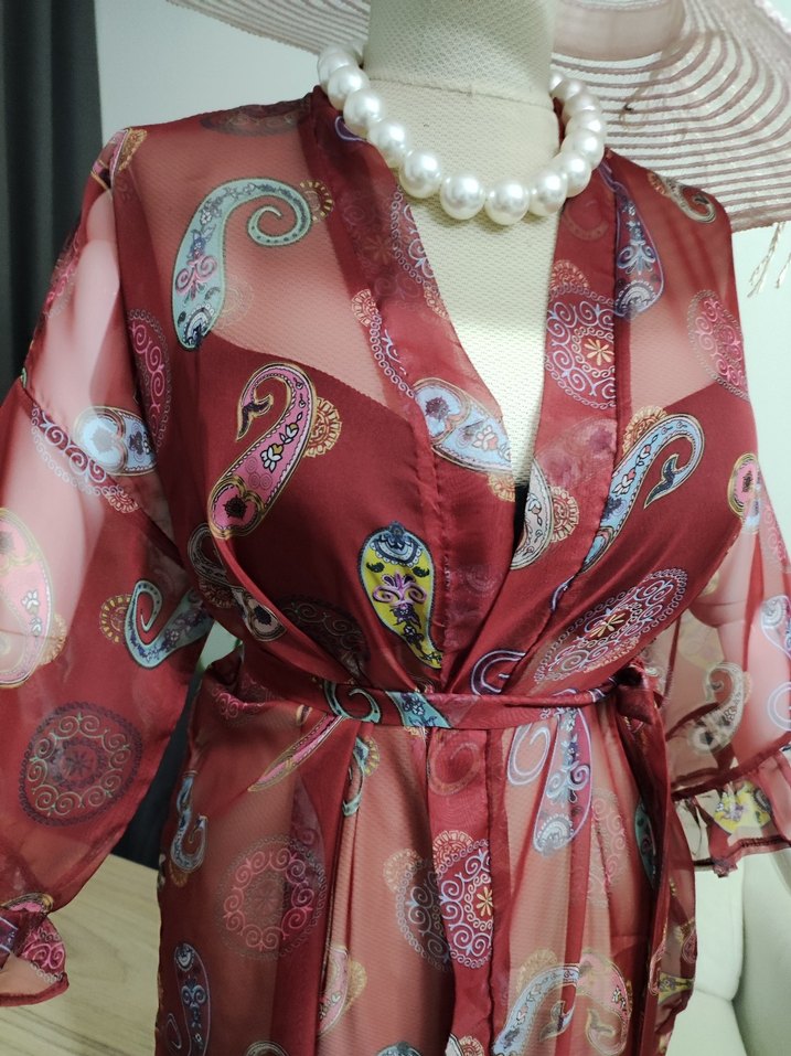 Bordo Bohem Uzun Kimono - Görsel 5