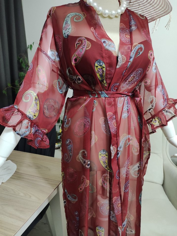 Bordo Bohem Uzun Kimono - Görsel 4
