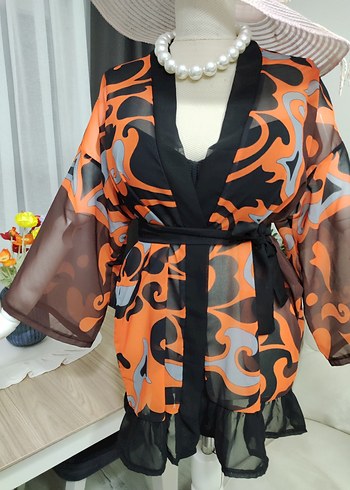 Renkli Desenli Kadın Mini Kimono - Görsel 2