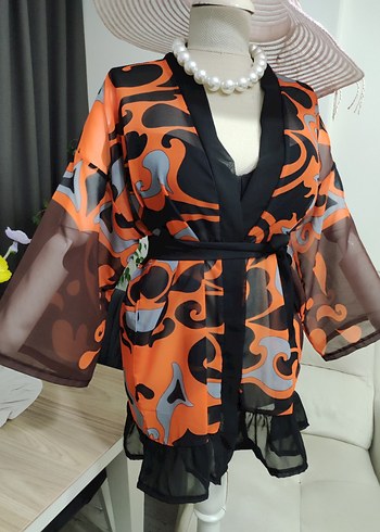 Renkli Desenli Kadın Mini Kimono - Görsel 4