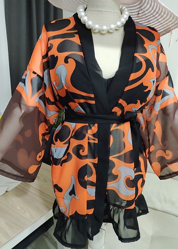 Renkli Desenli Kadın Mini Kimono - Görsel 3