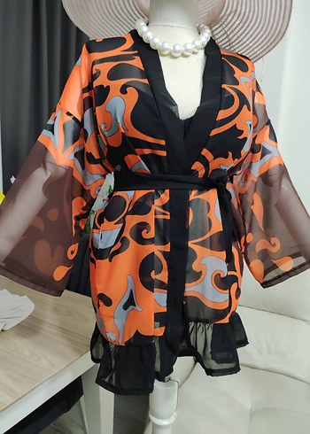 Renkli Desenli Kadın Mini Kimono - Görsel 7