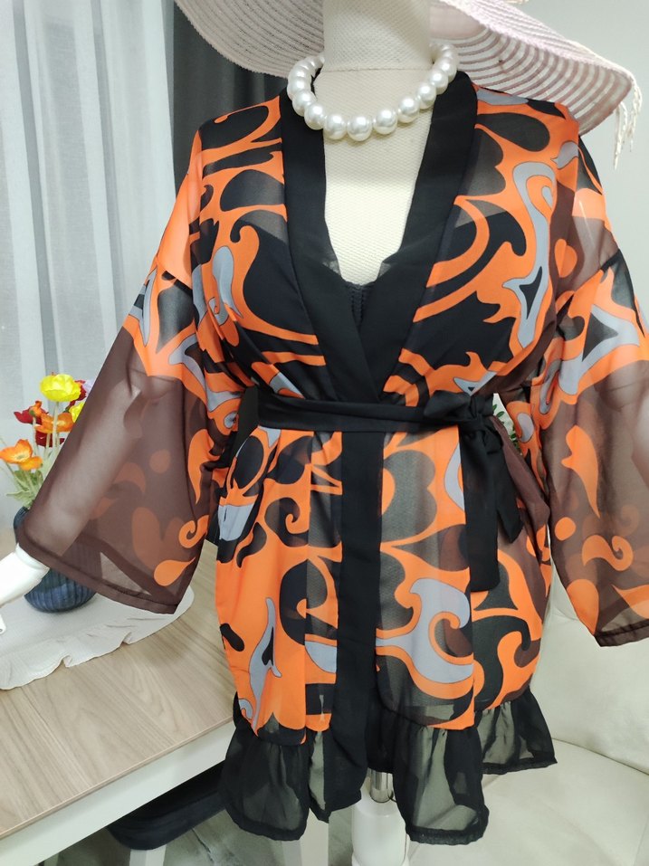 Renkli Desenli Kadın Mini Kimono - Görsel 2