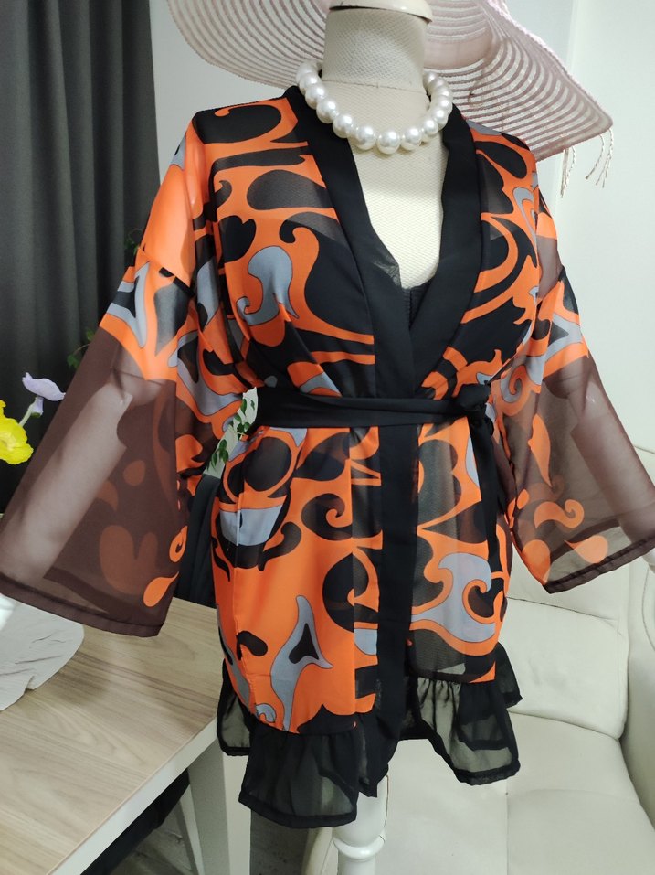 Renkli Desenli Kadın Mini Kimono - Görsel 4