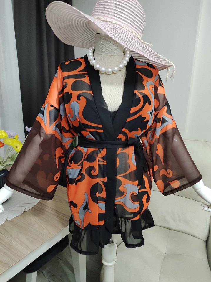 Renkli Desenli Kadın Mini Kimono - Görsel 5