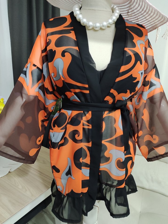 Renkli Desenli Kadın Mini Kimono - Görsel 3