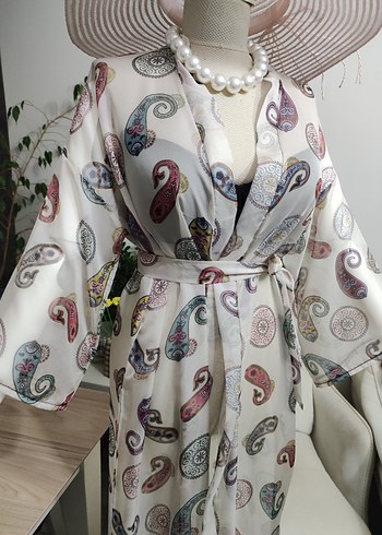 Bohem Uzun Beyaz Kimono - Görsel 9