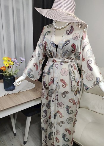 Bohem Uzun Beyaz Kimono - Görsel 2