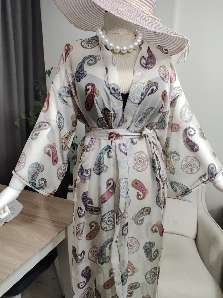 Bohem Uzun Beyaz Kimono - Görsel 5