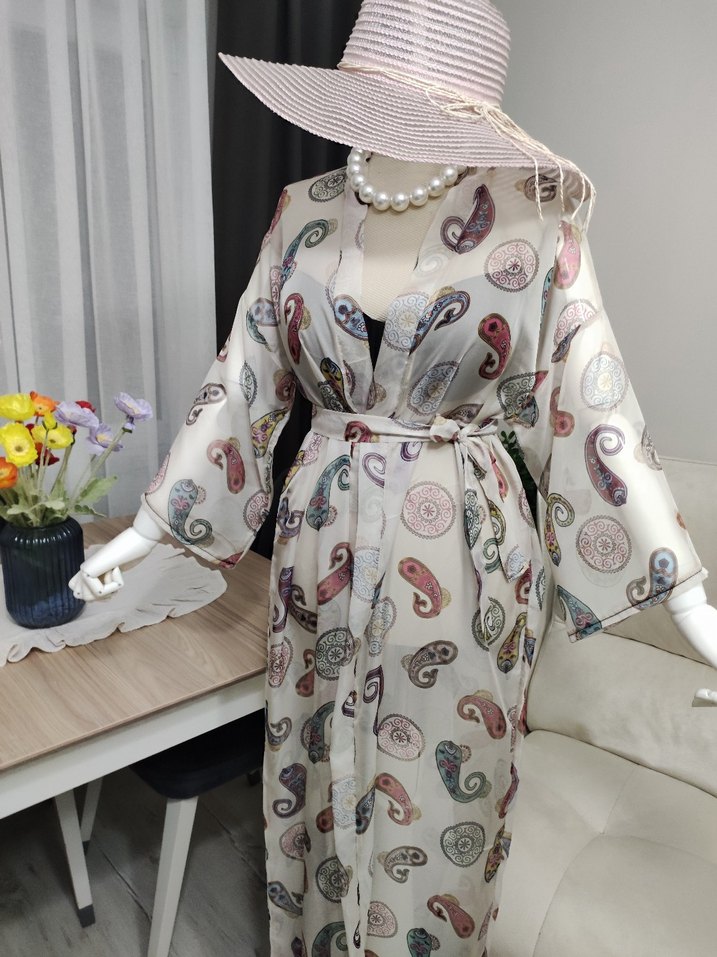 Bohem Uzun Beyaz Kimono - Görsel 3