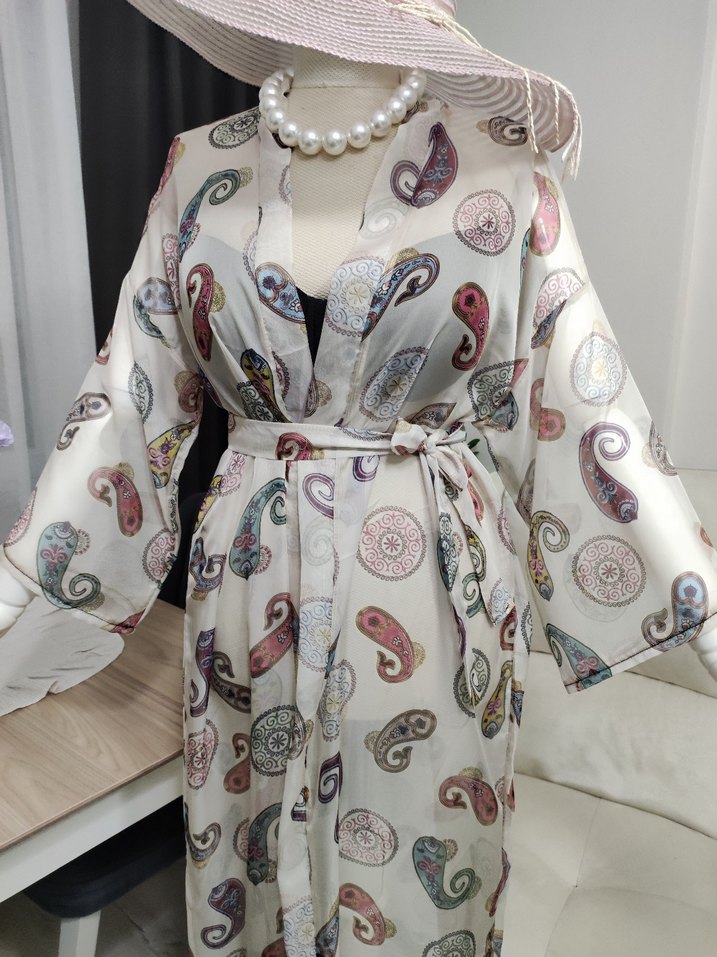 Bohem Uzun Beyaz Kimono - Görsel 4