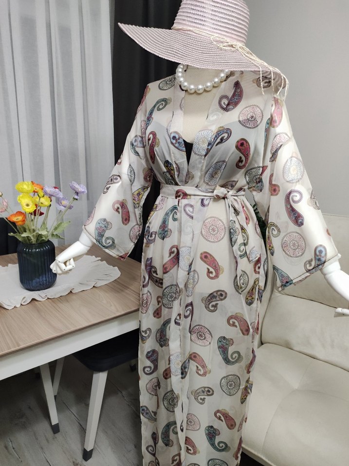 Bohem Uzun Beyaz Kimono - Görsel 2