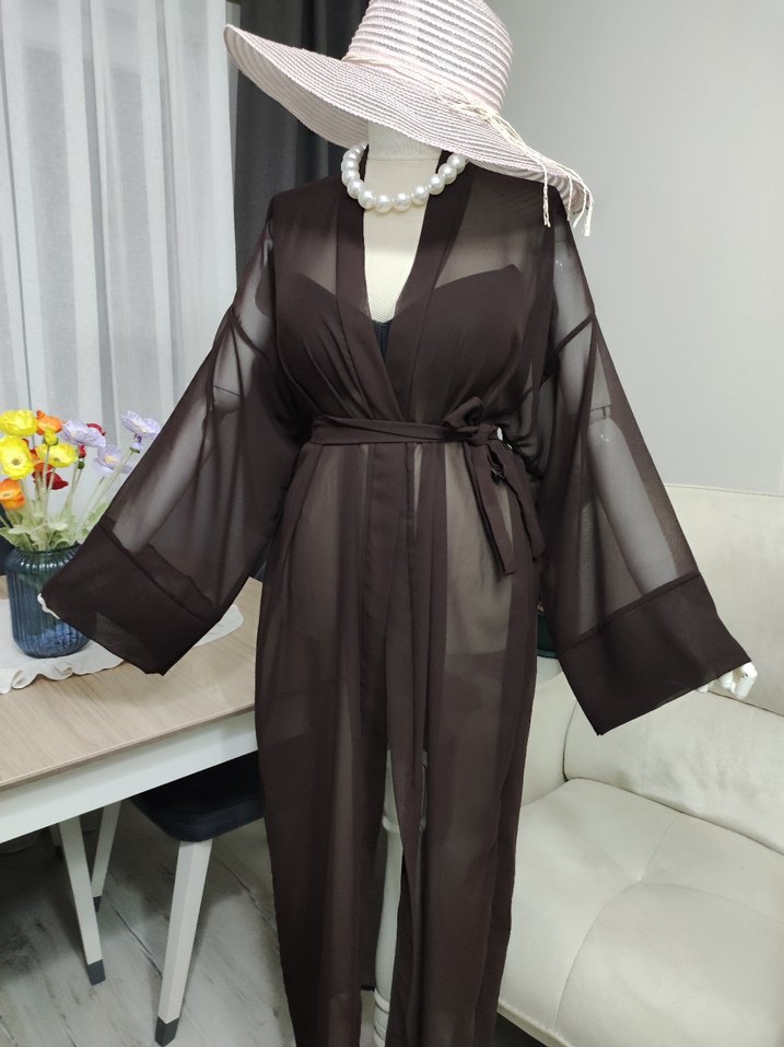 Bohem Tarzı Uzun Kahverengi Kadın Sabahlık - Görsel 2