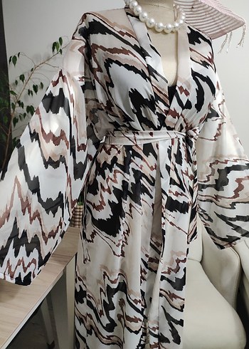 Bohem Zebra Desenli Uzun Kimono - Görsel 8