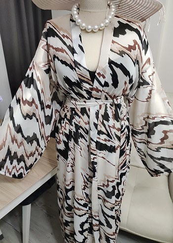 Bohem Zebra Desenli Uzun Kimono - Görsel 10