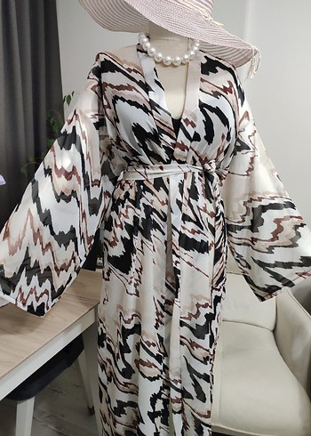 Bohem Zebra Desenli Uzun Kimono - Görsel 6