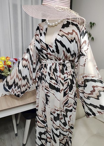 Bohem Zebra Desenli Uzun Kimono - Görsel 4