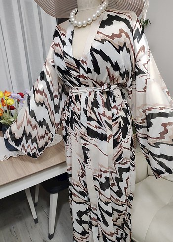 Bohem Zebra Desenli Uzun Kimono - Görsel 9