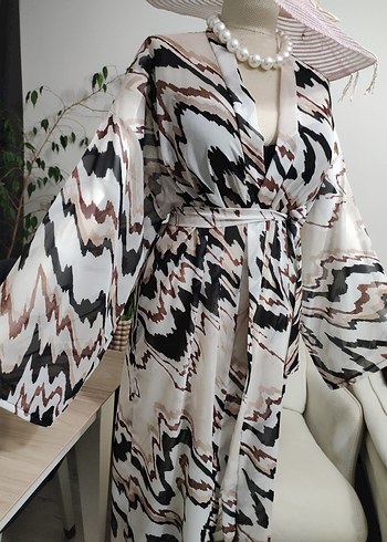Bohem Zebra Desenli Uzun Kimono - Görsel 7