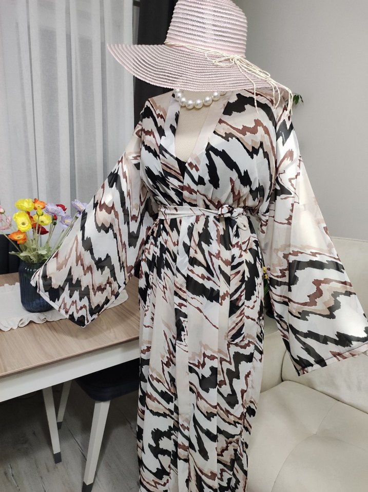 Bohem Zebra Desenli Uzun Kimono - Görsel 5