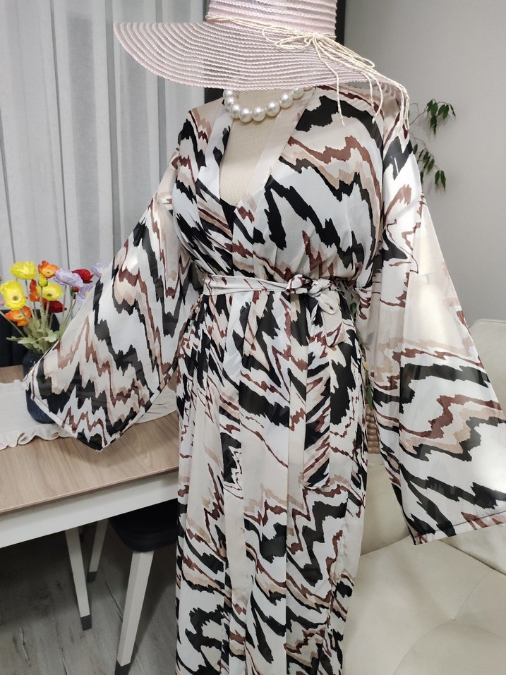 Bohem Zebra Desenli Uzun Kimono - Görsel 4