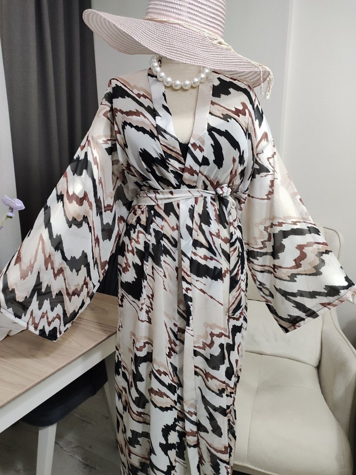 Bohem Zebra Desenli Uzun Kimono - Görsel 2