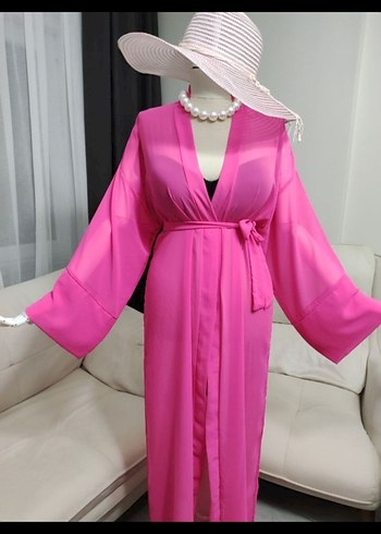 Pembe Uzun Kadın Kimono V Yaka - Görsel 4