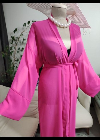 Pembe Uzun Kadın Kimono V Yaka - Görsel 2