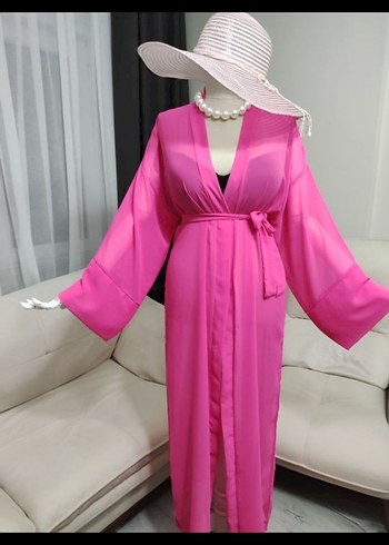 Pembe Uzun Kadın Kimono V Yaka - Görsel 5