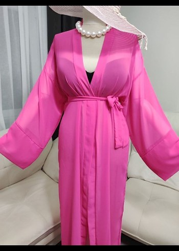 Pembe Uzun Kadın Kimono V Yaka - Görsel 7