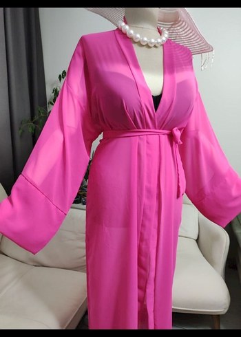 Pembe Uzun Kadın Kimono V Yaka - Görsel 6
