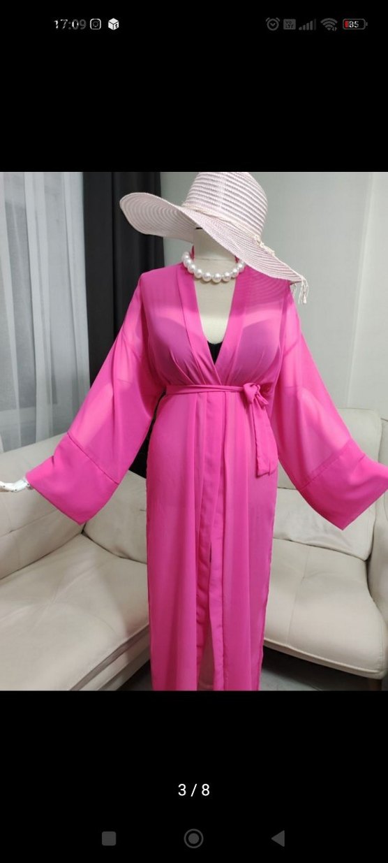 Pembe Uzun Kadın Kimono V Yaka - Görsel 4