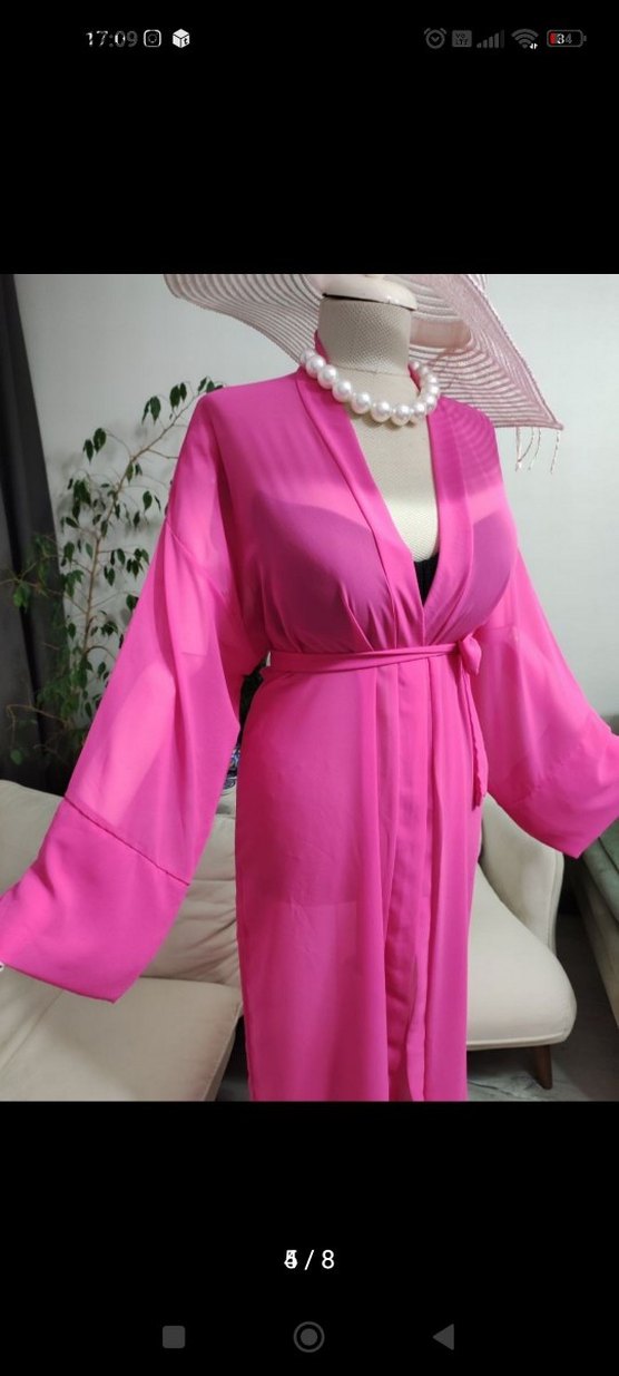 Pembe Uzun Kadın Kimono V Yaka - Görsel 2