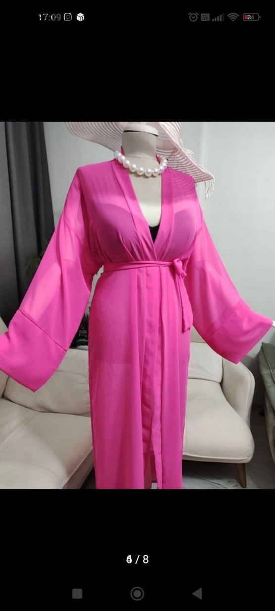 Pembe Uzun Kadın Kimono V Yaka - Görsel 3