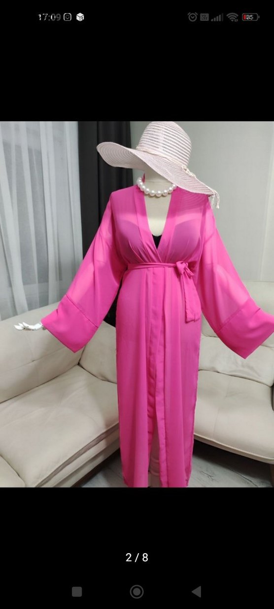 Pembe Uzun Kadın Kimono V Yaka - Görsel 5