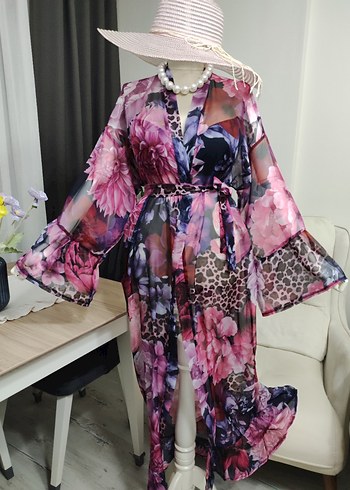 Uzun Pembe Bohem Kadın Kimono - Görsel 2