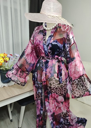 Uzun Pembe Bohem Kadın Kimono - Görsel 4