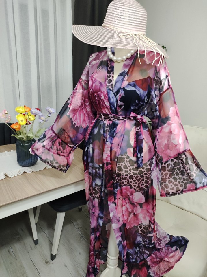 Uzun Pembe Bohem Kadın Kimono - Görsel 3